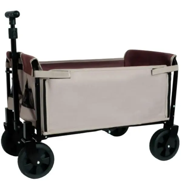 All-in-One Convertible Folding Camping Wagon Cart with Bench Seat, Storage Compartment & Dog Tether – Lightweight Rust-Resistant Frame, 360° All-Terrain Wheels for Park, Beach, Camping, or Events (Beige/Brown｜Black/Gray)