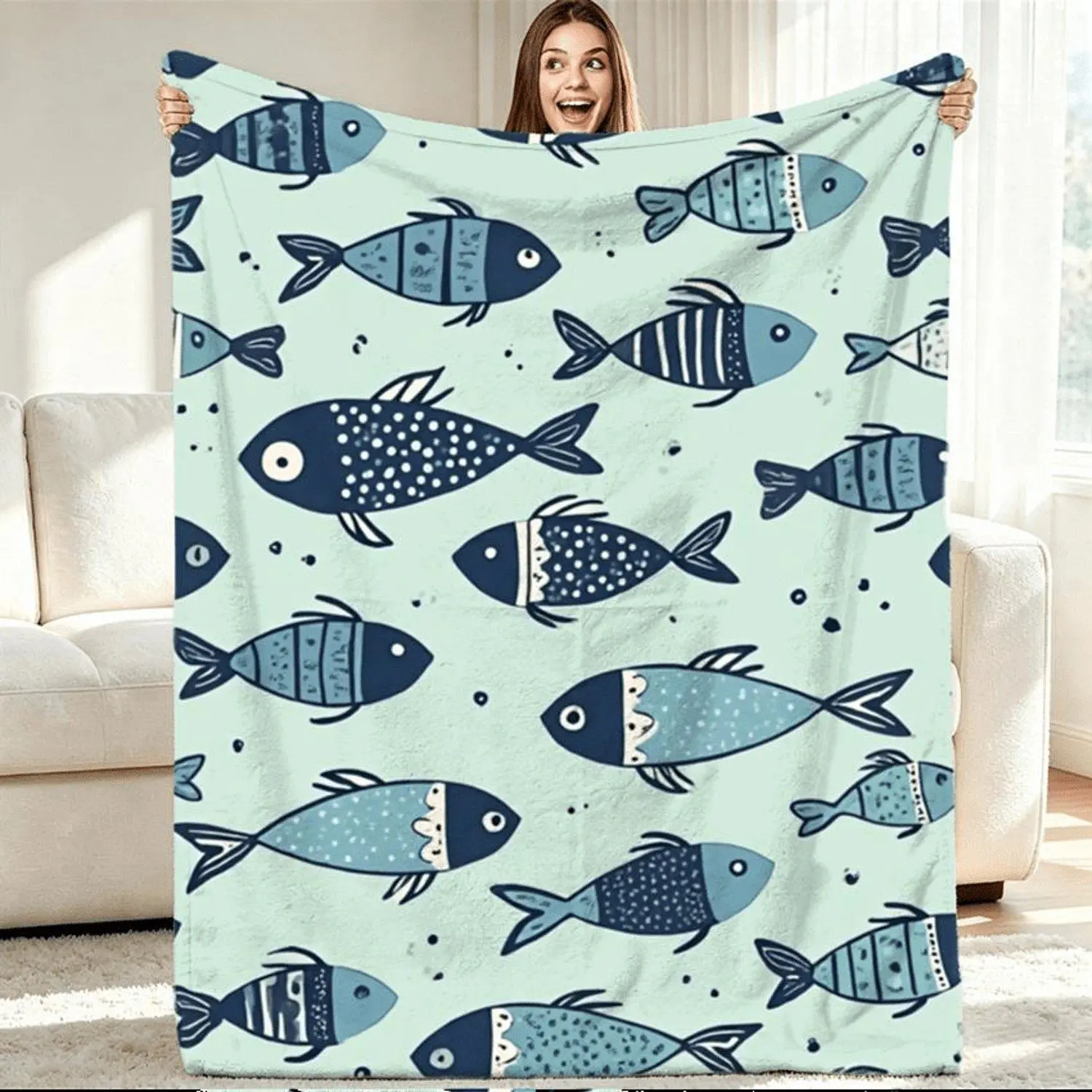 1pc Flat Soft Warm All Season Throw Blanket Featuring Mint Green Fish Pattern and Navy Blue Stylized Sea Life Design Suitable for Sofa Room Living Space Machine Washable Home Gift Idea