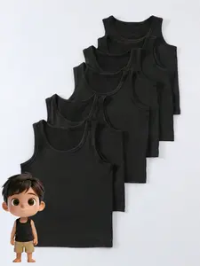 6Pcs Boys' Casual Sports Tank Tops Set, High Stretch Ribbed Fabric, Suitable for Spring Summer, Kids and Infants, Inner Layer or Matching