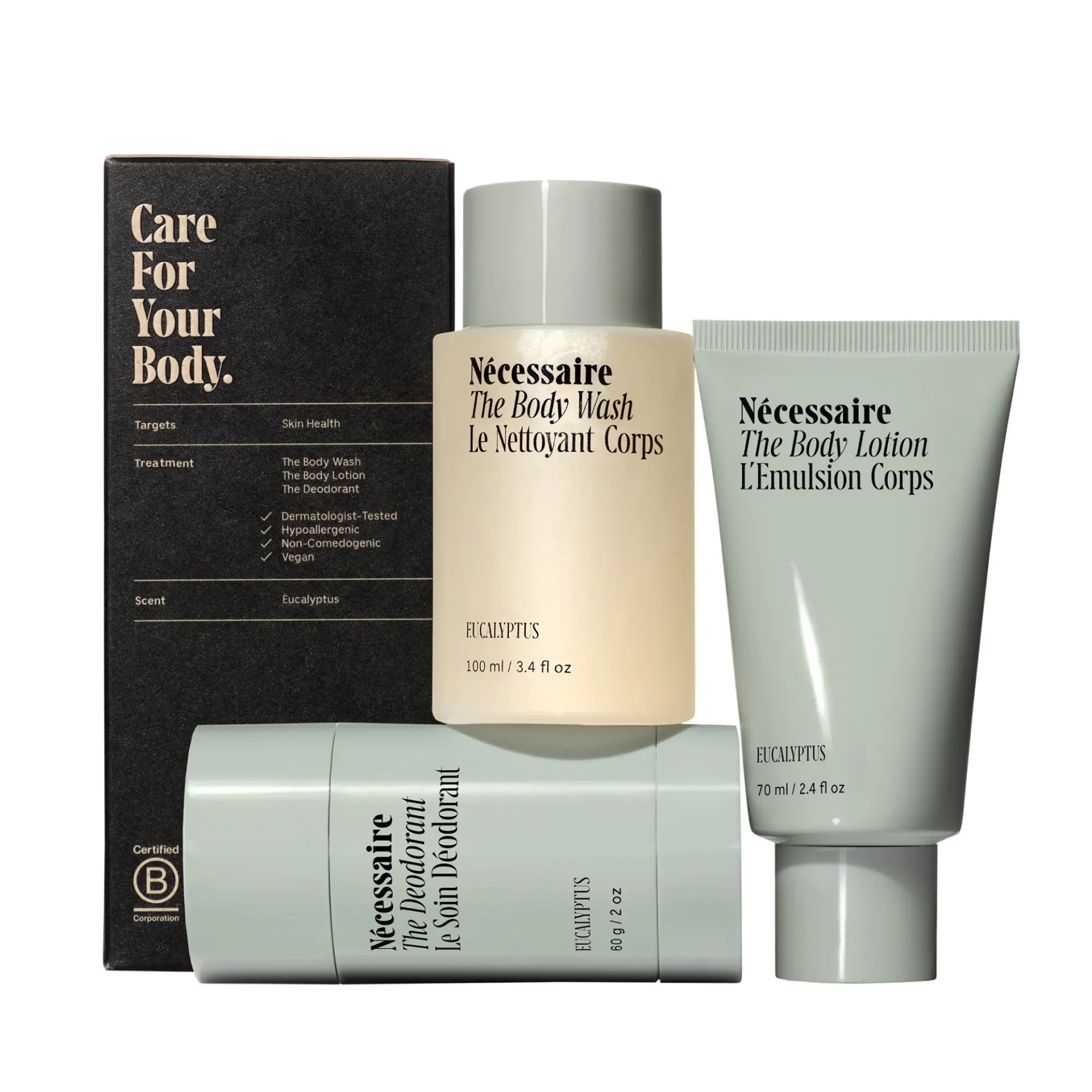 Nécessaire Eucalyptus Body Essentials Set – Travel-Size Body Wash, Body Lotion + Deodorant | For Women + Men | Dermatologist-Tested. Hypoallergenic. Vegan | Aluminum-Free Deodorant
