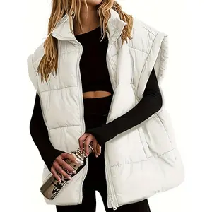 Plus Size Solid Color Vest Coat, Casual Sleeveless Zip Up Puffer Vest, Women's Plus Size Clothing