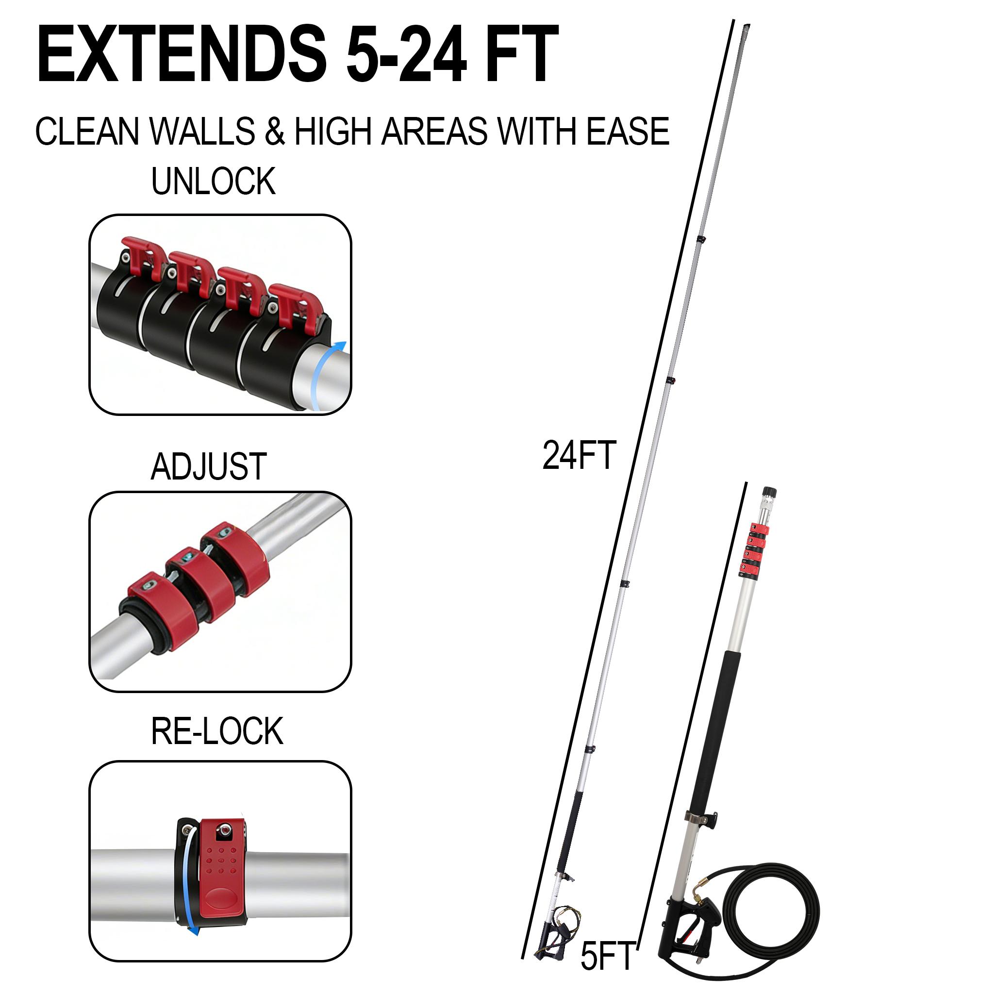 Hourleey 24 FT Telescoping Pressure Washer Wand, Power Washer Extension Wand with Brush Head, Gutter Cleaner, 3 Curve Wands, Adjustable Support Belt, Pivoting Coupler, 7 Spray Nozzles, 4000 PSI Hourleey 24 FT Telescoping Pressure Washer Wand, Power Washer Extension Wand with Brush Head, Gutter Cleaner, 3 Curve Wands, Adjustable Support Belt, Pivoting Coupler, 7 Spray Nozzles, 4000 PSI