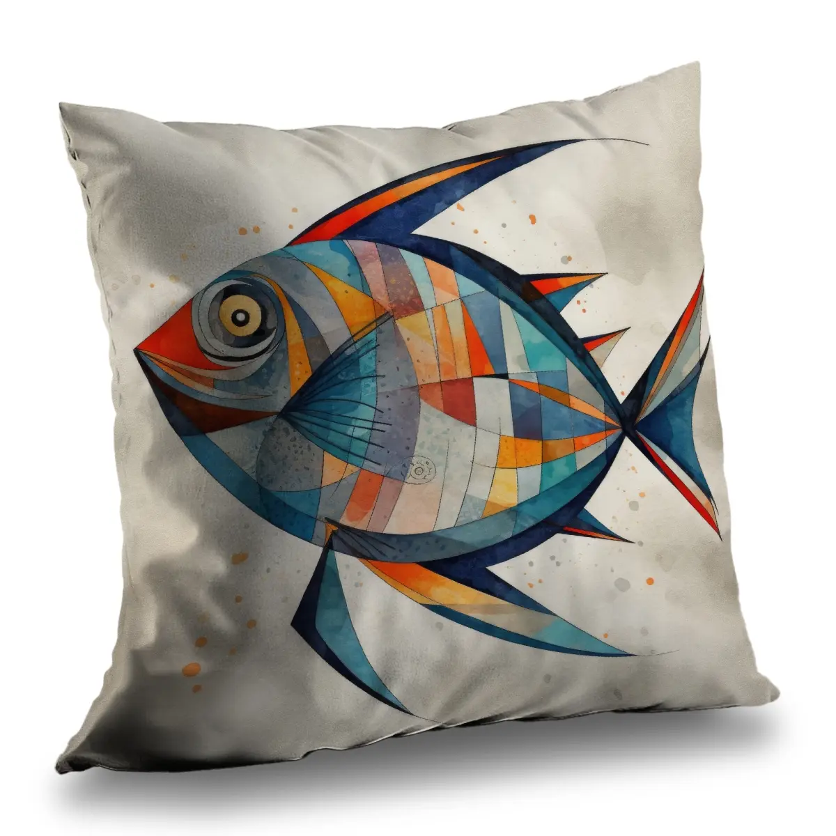 Begin Home Decor C1PT1414E9JUT9 14x14 in Decorative Cushion, Geometric Fish Shape Abstract Art Minimalist Blue Poly Twill Throw Pillow - Textiles Soft Furnishings Bedding Linens Accent Piece