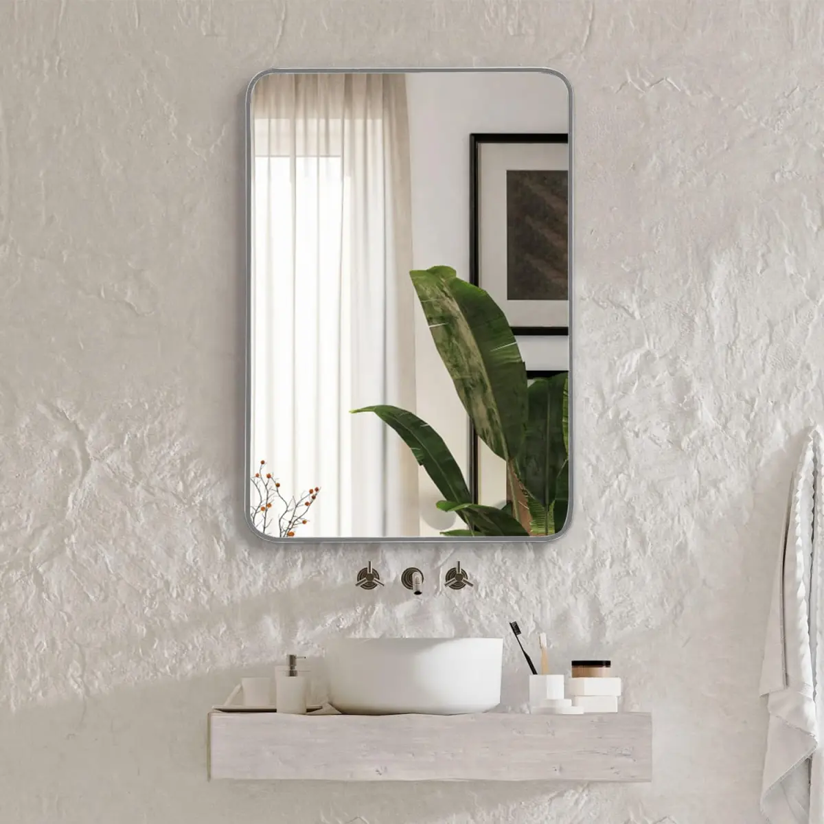 22x30 Inch Silver Aluminum-Framed Rectangular Bathroom Mirror for Vanity, 4mm HD Shatterproof Film, MDF Backboard, Modern Decorative Makeup Vanity Mirror for Indoor Use (Bedroom, Entryway)