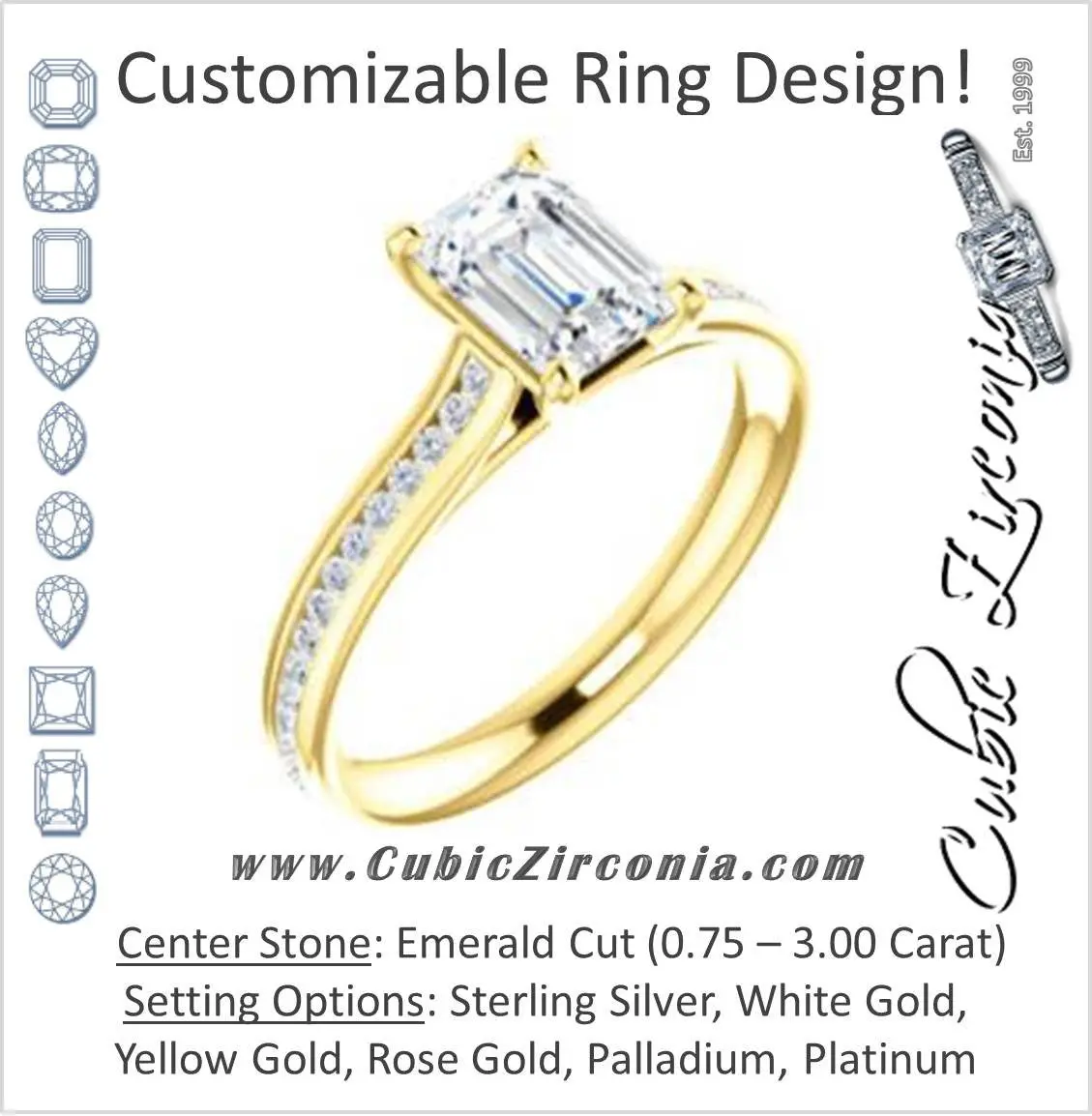 Cubic Zirconia Engagement Ring- The Rosario (Customizable Emerald Cut Cathedral Setting with 3/4 Pavé Band)