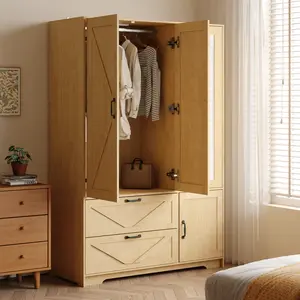OPUL Modern Armoire Wardrobe Closet 4 Doors Wardrobe Closet with Mirror, LED Wardrobe with Mirror Doors and 2 Drawers, Wooden Wardrobe Storage Cabinet with Hanging Rod, Adjustable Shelves for Bedroom Armoire, Natural