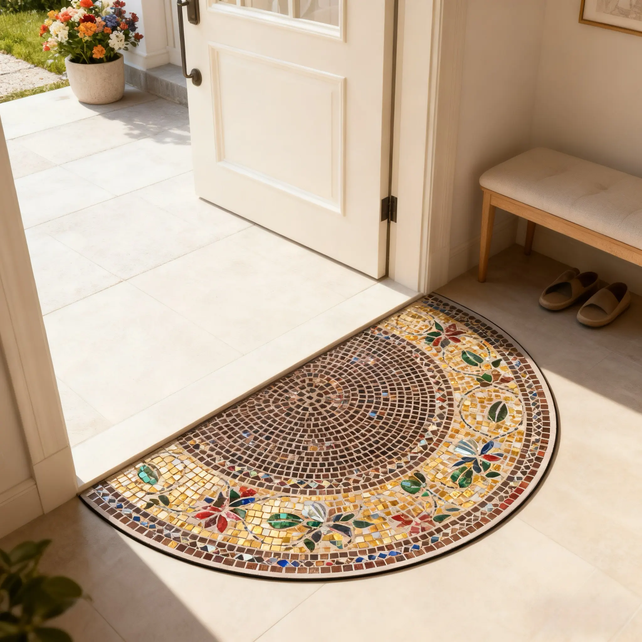 Vintage Mosaic Half Round Entrance Mat, Non-Slip Floor Mat, Durable Hallway Rug, Door Entrance Rug, Soft Comfortable Washable, Home Decor for Entry Living Room Bedroom, Decorative Rug Mat