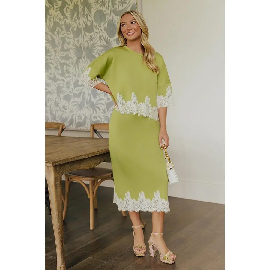 Evening Ease High Waist Scuba Midi Skirt in Lime Punch