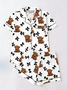 Spring Summer Women's Sleepwear Set, Open Front Lapel Short Sleeve Shorts, Highland Cow Theme Print, Casual Home Wear, Pajama Loungewear