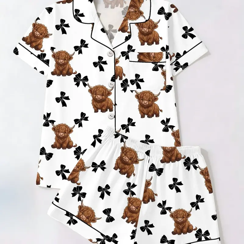 Spring Summer Women's Sleepwear Set Pajama Pjs, Open Front Lapel Short Sleeve Shorts, Highland Cow Theme Print, Casual Homewear Loungewear