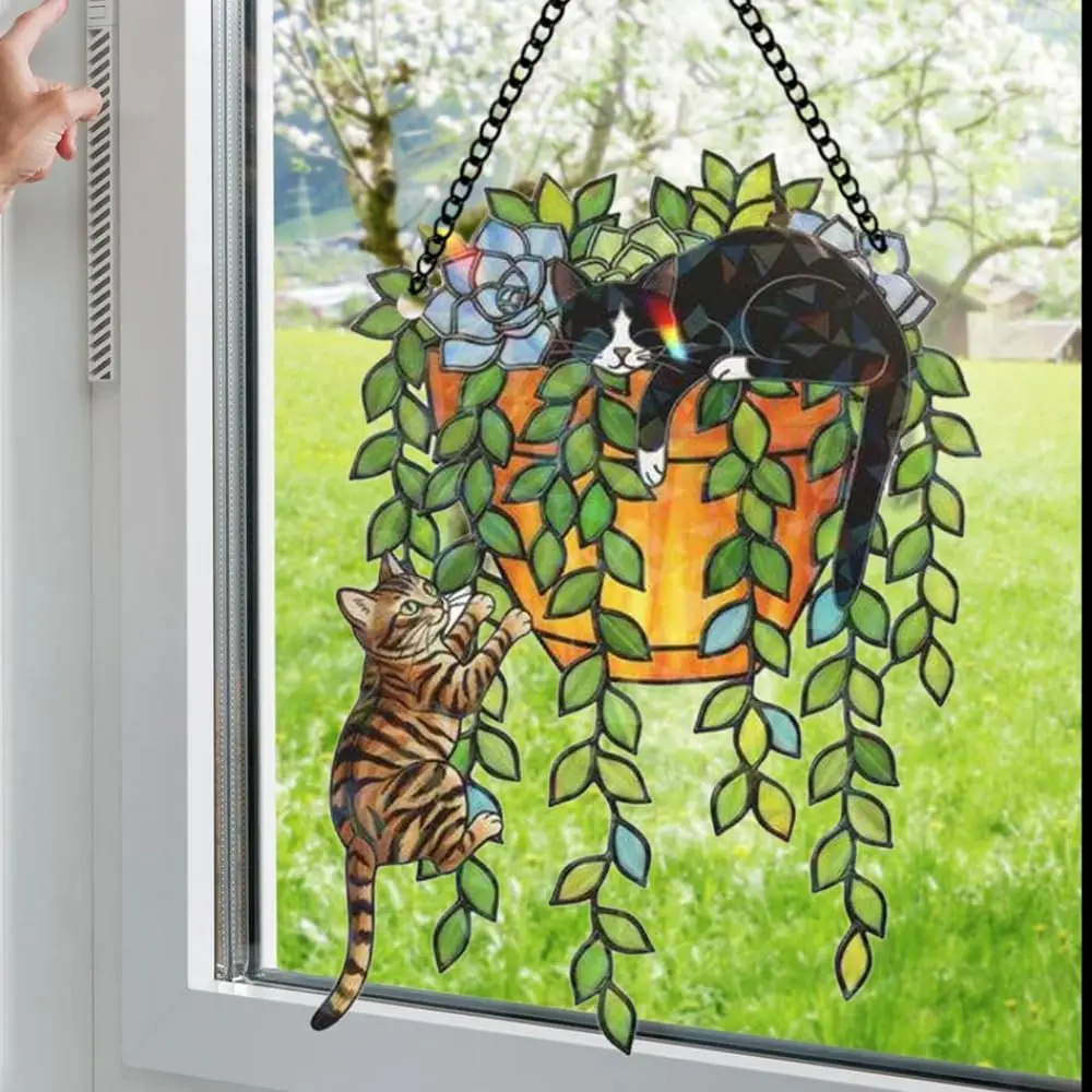 3D Holographic Effect Cat Plant Personalized Sun Catcher Ornament, Customized Sun Catcher Hanging  for Cat Lover, Cats Climbing Plant Art Ornament Personalized, Home  Gifts for Cats Mom