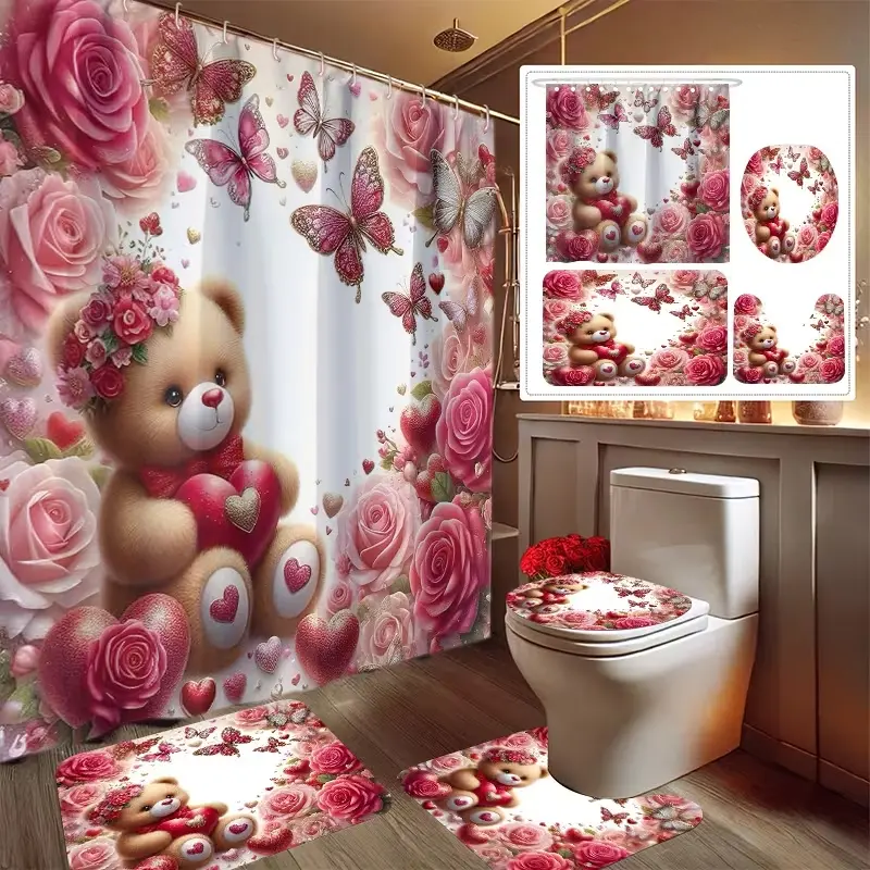 1/4pcs Valentine's Day shower curtain and mat set with butterfly and cute bear design, including 12 hooks, non-slip bathroom mat, toilet U-shaped mat, toilet seat cover, bathroom partition, home decor, Bathroom Accessory
