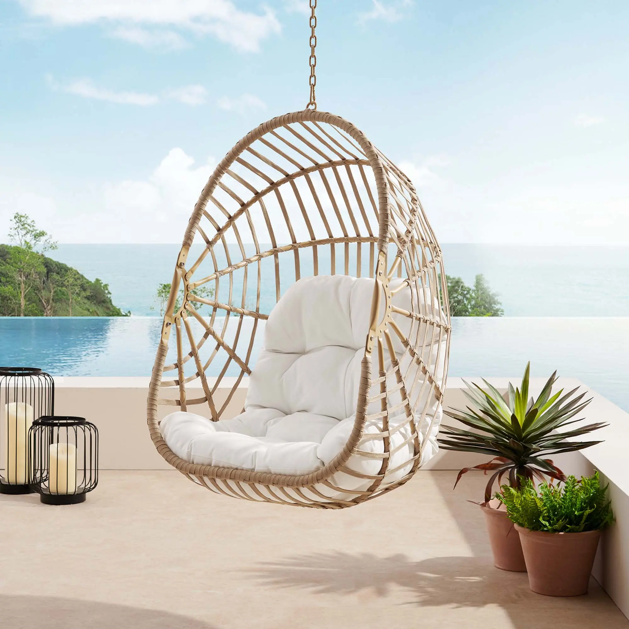 Modway Amalie Wicker Outdoor Patio Swing Chair - No Stand, Natural White - Suitable for Bedroom, Living Room, Poolside - 330 lbs Weight Capacity, Rattan