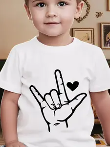 PUEMCO Kids' Cotton Short-Sleeve Fun Shirt - ASL "I Love You" Hand Slogan Graphic, Cute Heart Design Youth Tee for Boys & Girls