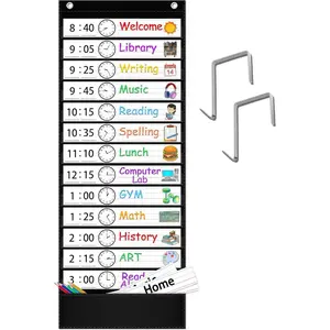 Daily Schedule Pocket Chart — 13+1 pocket visual schedule for kids, includes 18 double-sided blank reusable dry-erase cards, hourly daily planner for classroom, office, home, school activities (Black)