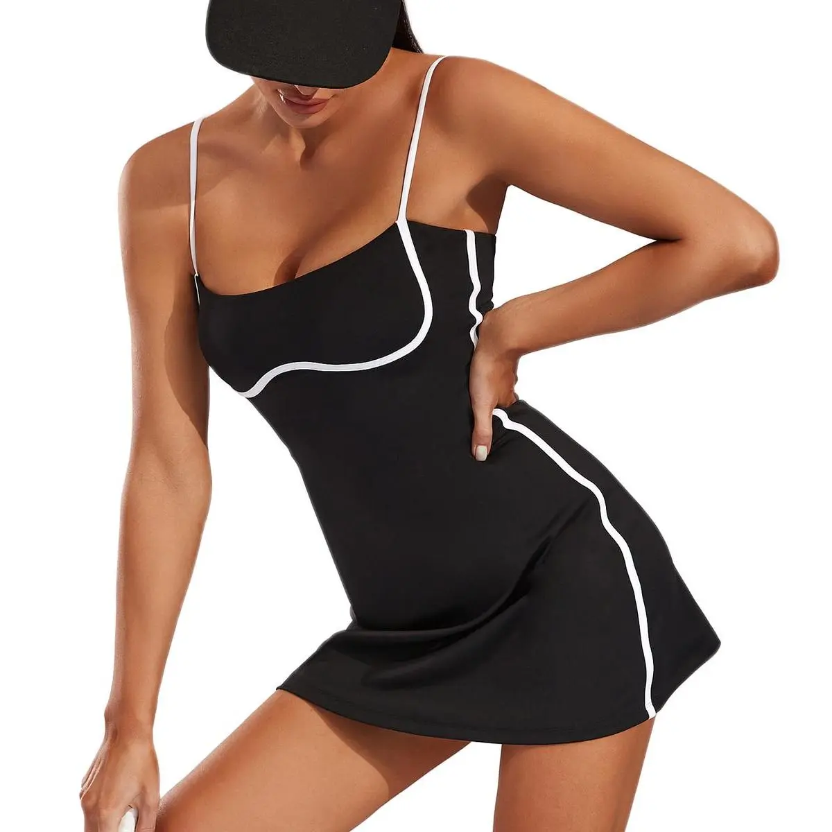 Female Sleeveless Classic Square Neck Sports Dress with Built-in Removable Bra, Inner Shorts Pockets for Tennis, Golf, Exercise
