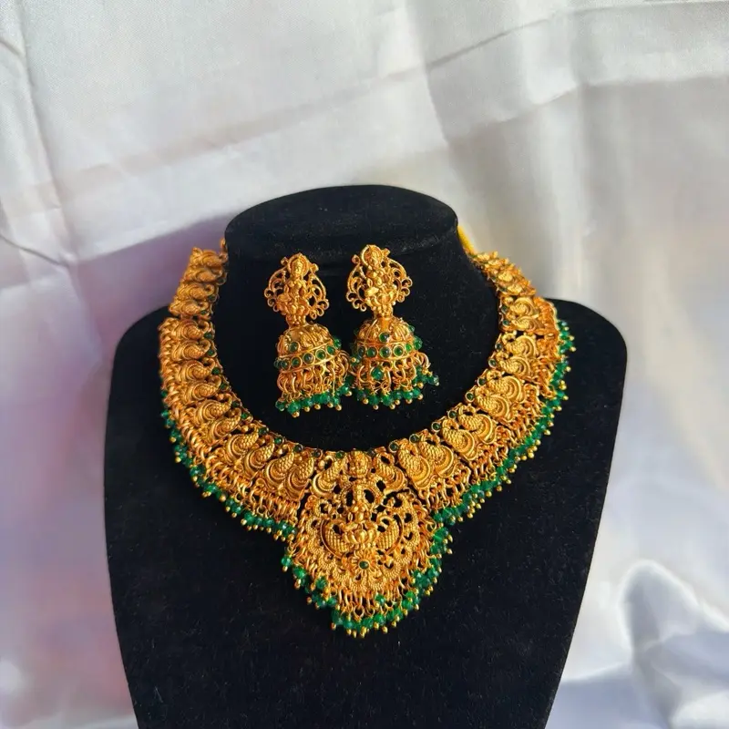 Women's Brass-Tone Geometric Temple Costume Jewelry Set - Intricate Green Bead Design, Female Gift Set for Special Occasions, Gift Sets For Women