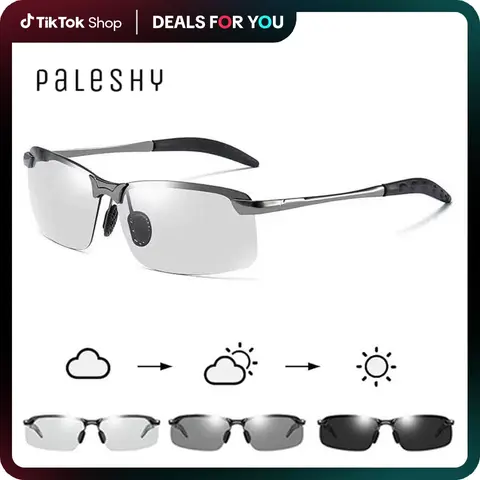 Paleshy Rectangular Polarized Sunglasses - Sleek Design, HD Transition UV400 UV-Reactive Glare-Cut Lenses, Ultralight Tac Semi-Rimless Thin Frame Metal Eyewear, Men's Fashion Accessory, Outdoor Use, Avantgarde Line, Includes Cleaning Cloth, Sleek Rectangu