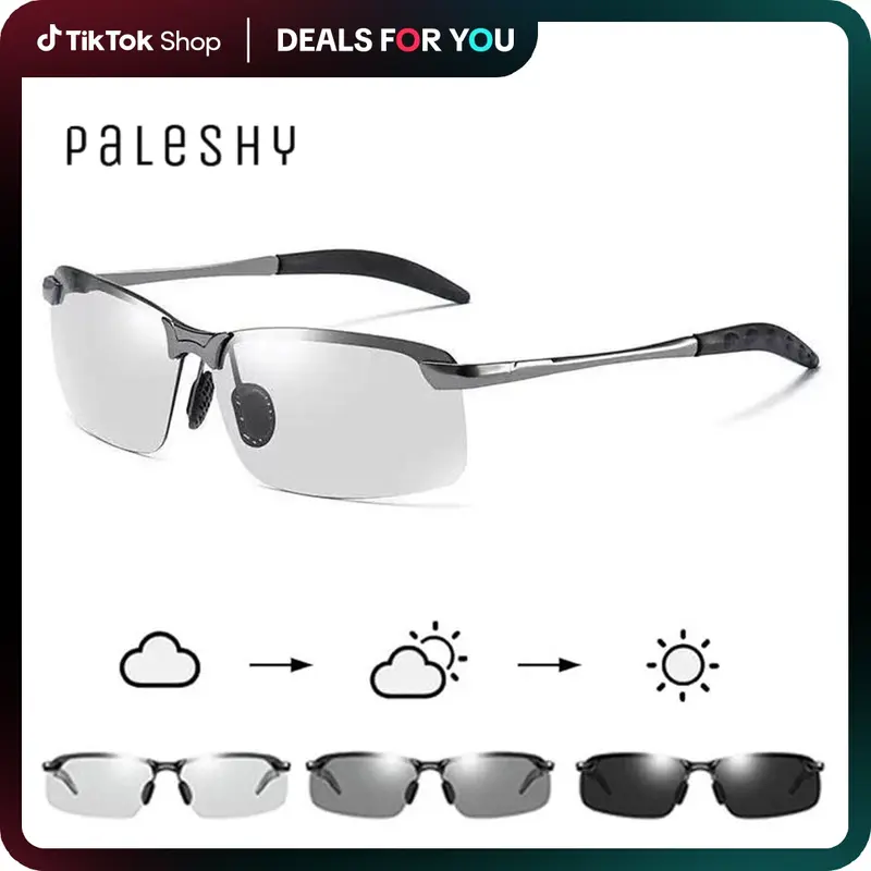 Paleshy Rectangular Polarized Sunglasses - Sleek Design, HD Transition UV400 UV-Reactive Glare-Cut Lenses, Ultralight Tac Semi-Rimless Thin Frame Metal Eyewear, Men's Fashion Accessory, Outdoor Use, Avantgarde Line, Includes Cleaning Cloth, Sleek Rectangu