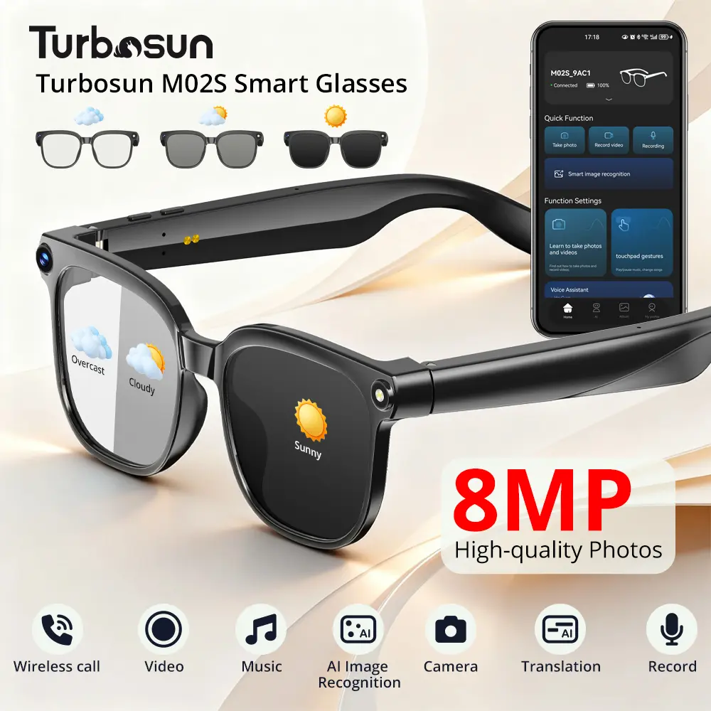 Turbosun M02S Smart Glasses, Stylish Tech Sunglasses with Anti-Blue Light, Intelligent Light-Changing Lens, Waterproof, Bluetooth Wireless Camera, Mobile Open-Ear Music, Hands-Free Calling, AI Assistant for Daily Commute