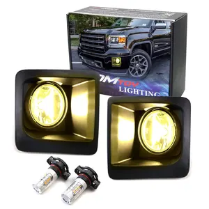 iJDMTOY Clear Lens Fog Light Kit with 16-SMD 2500K Selective Gold Yellow LED Bulbs, Foglamp Bezel Covers, On/Off Switch, Wiring Relay For 2014-2015 GMC Sierra 1500