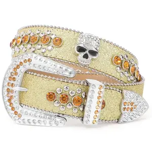 XZQTIVE Rhinestone Skull Sequins Belt for Men and Women - Sparkly Bling Diamond Studded Belt, Western Cowgirl Cowboy Style, Glamorous Accessory for Parties, Events, and Daily Wear