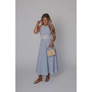 Striped Lace Trim Open Back Midi Dress-Light Blue