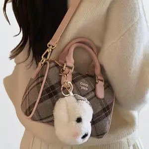 Chic Plaid Pillow-Shaped Handbag for Women - with Golden-Tone Hardware, Pink Bow Accent, Crossbody & Shoulder Bag Option, Small Crossbody Bag, Purse