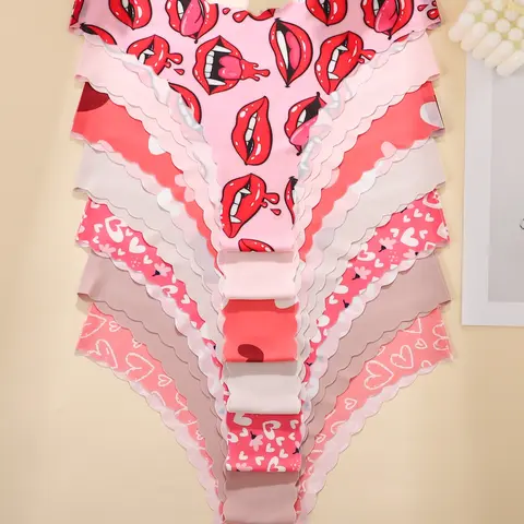 Women's Underwear Lingerie Panties Set, Seamless Knicker, 7-Piece Seamless V-Waist Design, Heart Pattern Print, Lightweight Thin Fitted Everyday Casual Style, All Season Comfortable Fit Womenswear, Seamless Garments, Casual Comfy Panties
