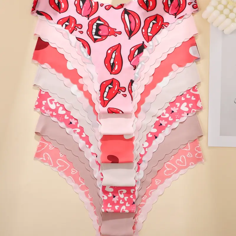 Women's Underwear Lingerie Panties Set, Seamless Knicker, 7-Piece Seamless V-Waist Design, Heart Pattern Print, Lightweight Thin Fitted Everyday Casual Style, All Season Comfortable Fit Womenswear, Seamless Garments, Casual Comfy Panties