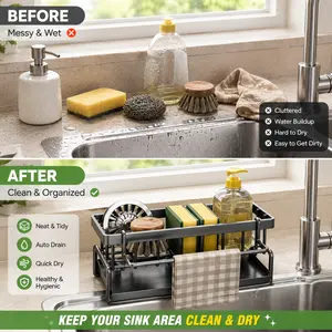 Sink Caddy Organizer with Auto Drain, Dish Drying Racks, Sponge Holder with Towel Rack, Keep Sink Clean & Dry