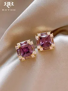 Amethyst Decorated Square Shaped Earrings, High Quality Earrings, Elegant Jewelry for Party, Daily Clothing Decor, Trendy All-match & Exquisite Jewelry for Birthday Gift