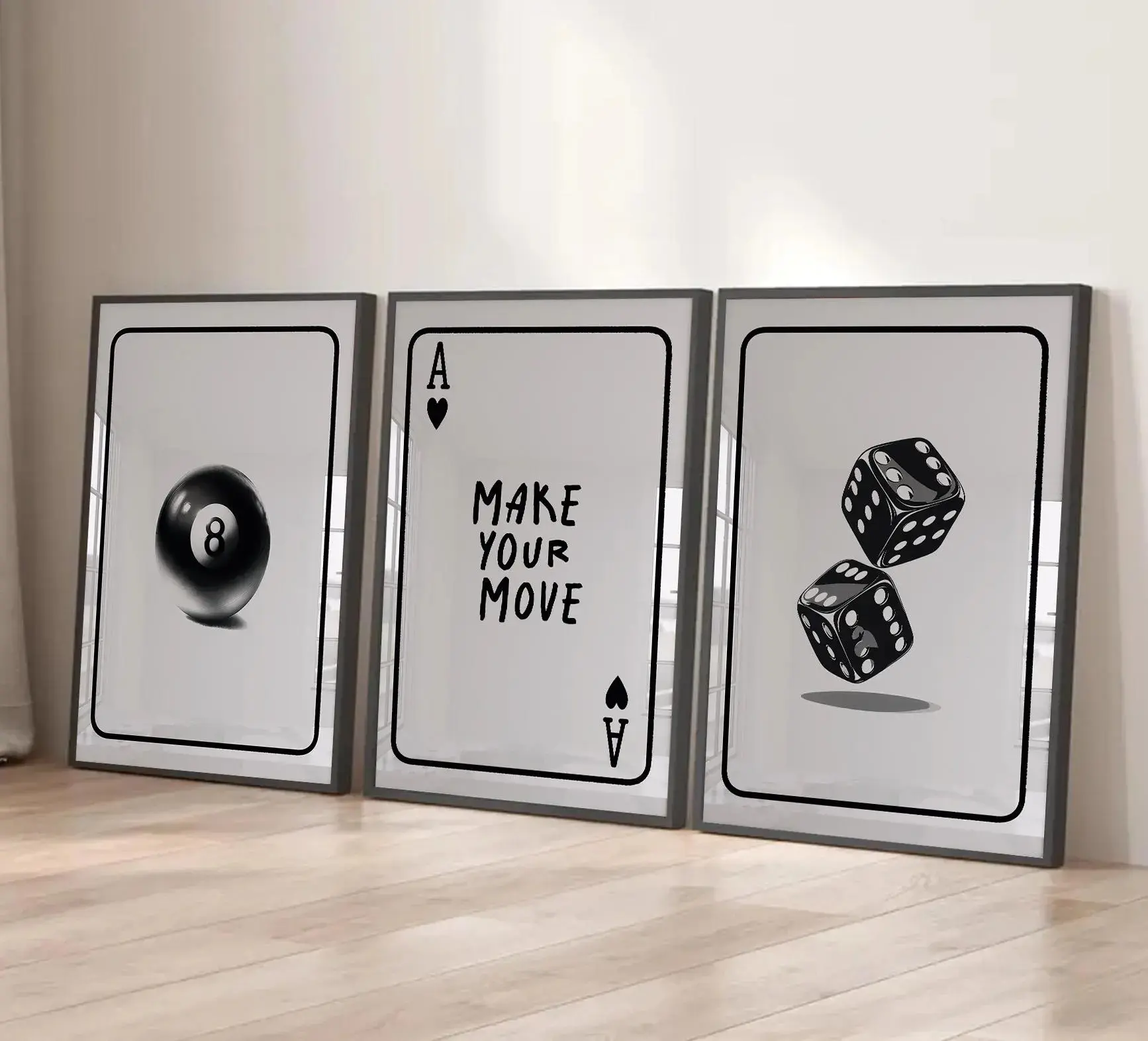 Minimalist Game Room Artwork Set - Dice, 8 Ball, Card Prints for Bedroom Home Decor