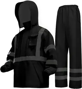 Hi-Vis Safety Rain Jacket and Pants for Men Waterproof Rain Gears with Inner Mesh Lining and,Black S/M