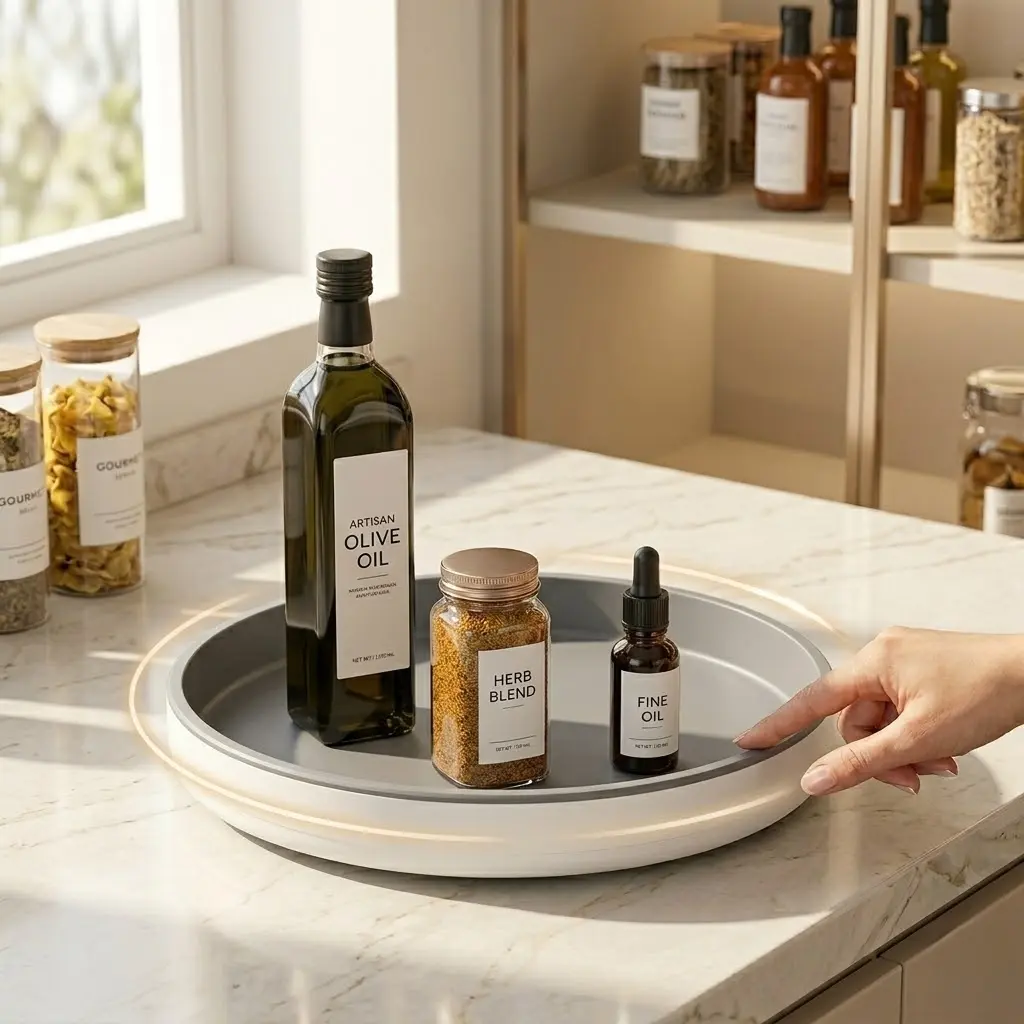10-Inch (25cm Diameter) Plastic Lazy Susan Kitchen Storage Tray, 360° Smooth Rotating Non-Slip Waterproof Condiment Holder, Adjustable Height Wipe Clean Organizer for Cabinets, Countertop