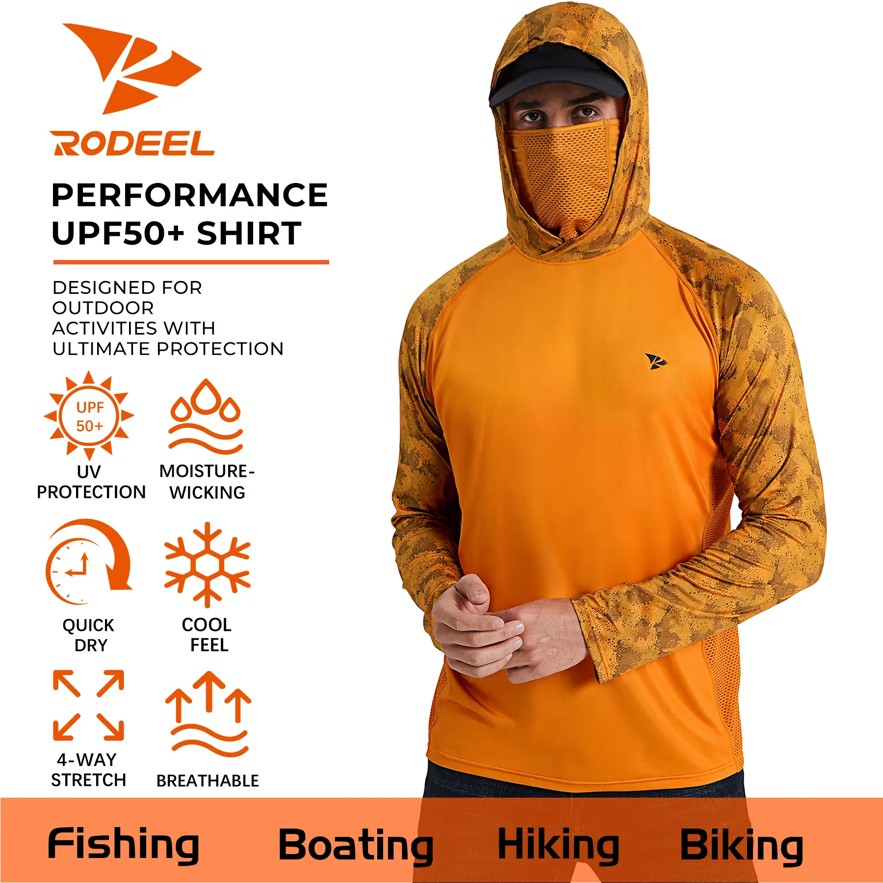 【RODEEL】915 Sun Hoodie Shirts w/ Mask Neck Gaiter Men UPF 50+ UV Protection Long Sleeve Lightweight Quick Dry Moisture Wicking Breathable Athletic Activewear for Outdoor Sport Fishing Boating Hiking Roofing Framing Construction SummerWins