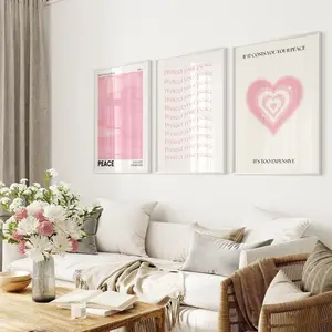 Dorm Room Poster Pink, Cute Heart Aesthetic Posters, Light Pink Wall Art, 3 Piece Typography Art Print, Pink Poster Set of 3, Room Decor, Unframed