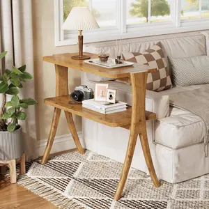 LITTLE TREE Narrow Side Table, 2-Tier Farmhouse End Table with Solid Wood Legs, Small Side Table, Space-Saver for Living Room, Bedroom, Entryway