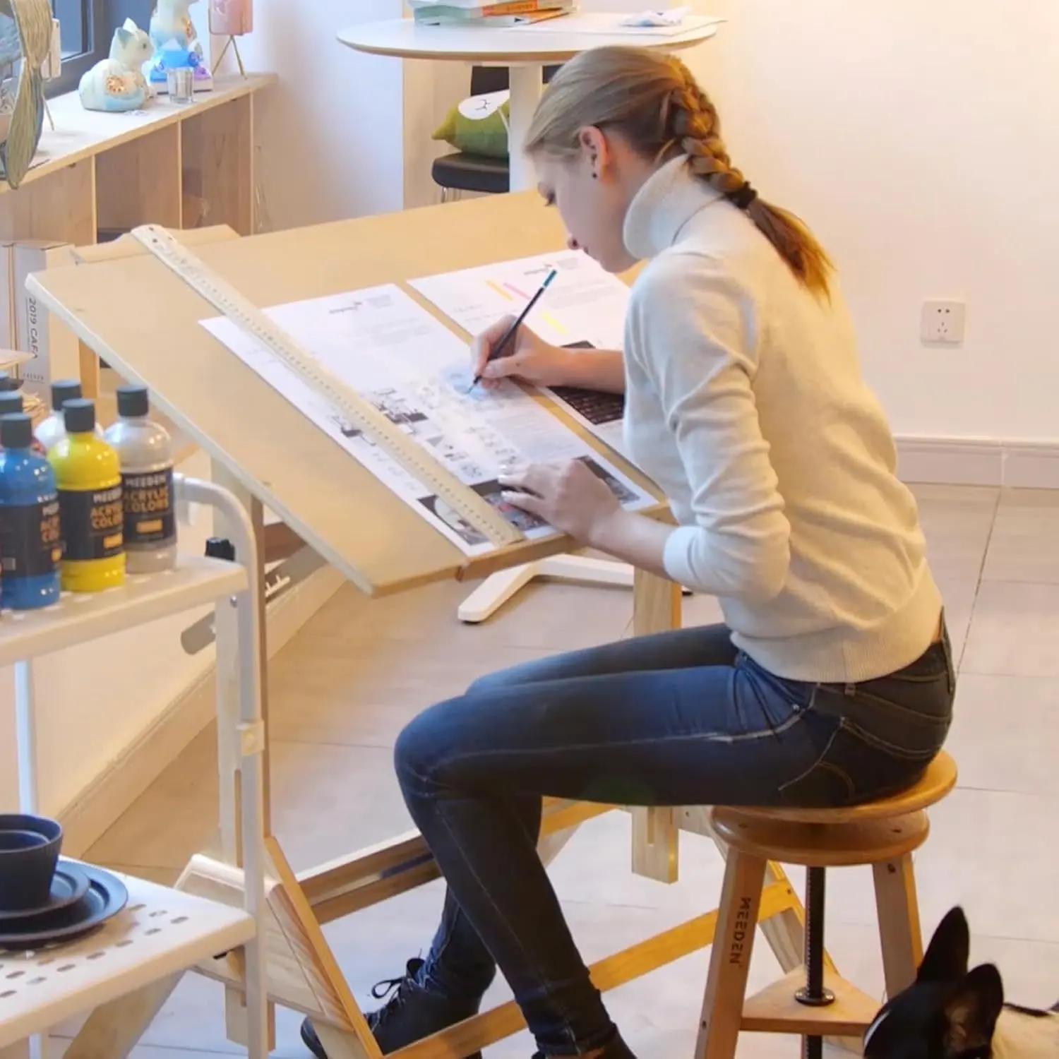 Wood Drafting Table & Stool Set,Artist Stool and Craft Table with Adjustable Height,Tiltable Tabletop for Artwork, Graphic Design, Reading, Writing