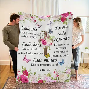 Spanish Christian Flannel Blanket with Bible Verse, Roses & Butterflies Design - Soft Inspirational Religious Gift for Women, Mother, Sister - Cozy 280GSM Polyester Floral Throw
