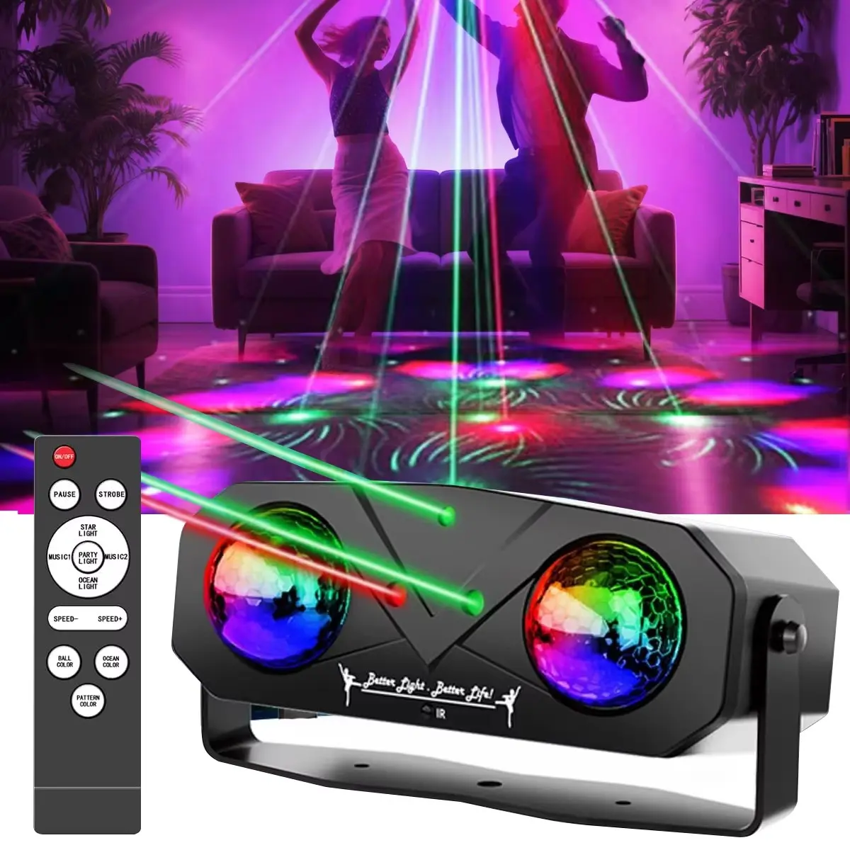 Party Disco Ball Light with Laser, Dual Lens Sound-Activated Remote Control, Dj Lamp for Parties, Bars, Birthdays, Weddings, Ktv, Festive Decorations, Dynamic Led Lights, Strobe Lights, Atmosphere Light, Fancy Led, Led Lighting, Magic Led Lighting
