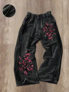 Premium Distressed Cotton Baggy Joggers with Plum Blossom Graphic - High Waisted Raw Edge Wide Leg Pants for Dance, Skate, and Grunge Streetwear Style