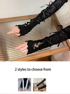 Women's Jk Lace Fingerless Gloves, Gothic Strap Sun Protection Elastic Mesh Punk Gloves, Lace Cuff Design, Durable Washable Reusable