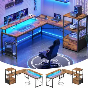 SEDETA 51” L-Shape Gaming Table Computer Desk with Storage Shelf with Electrical Outlet and LED Lights Ergonomic Wood Modern Interior Design