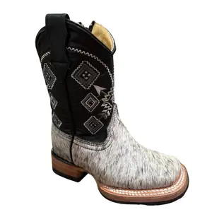 Cowhide Cowboy Boots Western Style with Unique Diamond Pattern and Black Trim Design