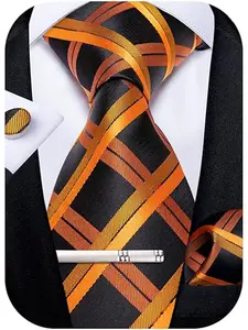 Men's Plaid Tie Set, Polyester Plaid Tie and Pocket Square Lapel Clip, Elegant Wedding Business Formal Party Groom Accessories Gift