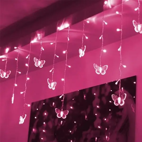 Pink-Butterfly Curtain Lights, 13.1FT 96 LED USB Fairy String Lights with 10 Butterfly Decorations, 16 Strands, 8 Lighting Modes, Window Hanging Lights for Bedroom, Nursery, Wall, Party, Wedding & Christmas Decor