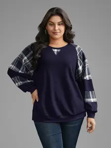 BloomChic Women's Oversized Plaid Patchwork Raglan Long-Sleeve Cotton Hoodie - Lady's Knit Garment with Rayon Fabric, Womenswear Top Fit Swimweek