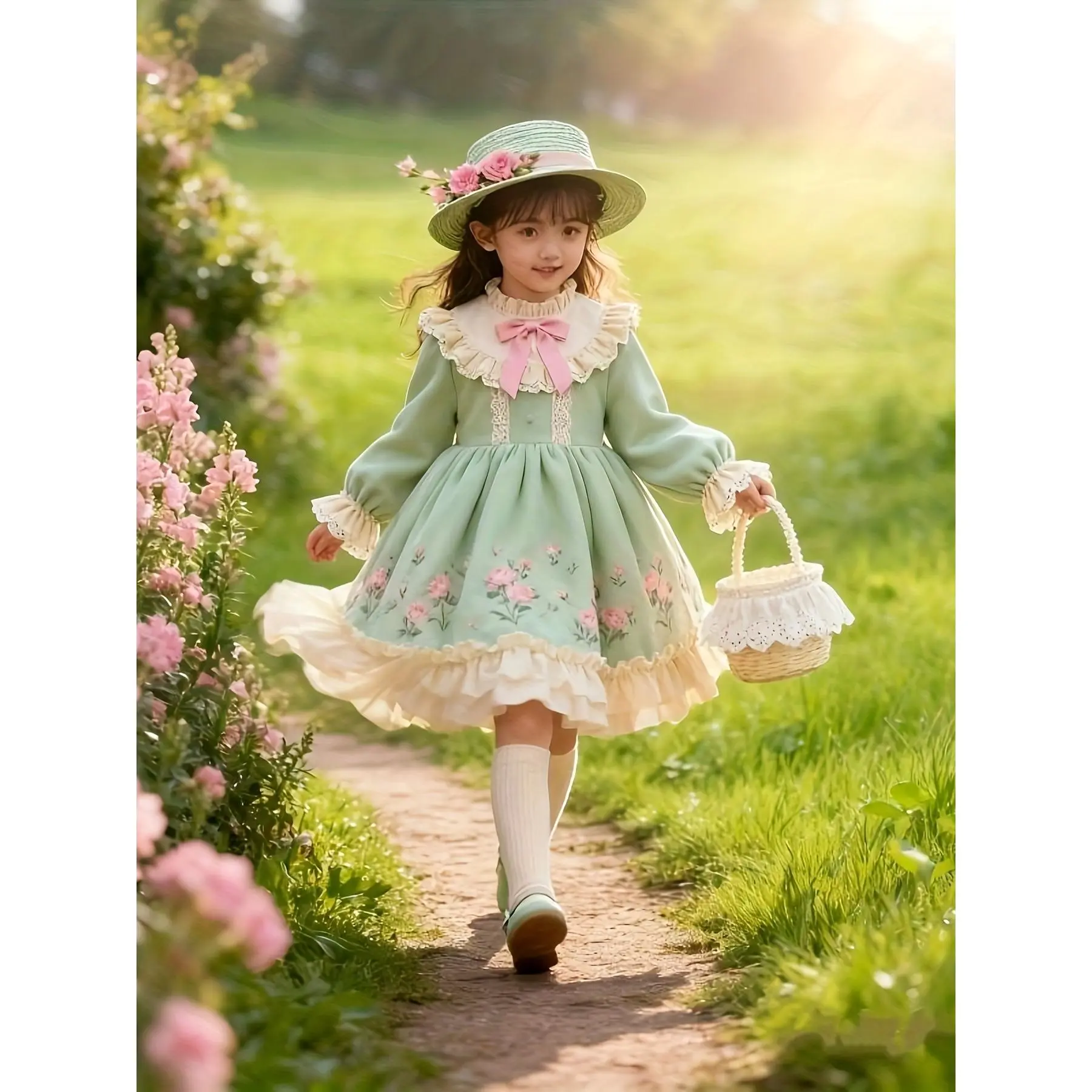Girls' British Style Princess Dress with Ruffled Lace-Like Trim & Bow -  Long Sleeve A-Line Party Dress, Mint Green & Pink, Layered Ages 3-14 (Hand  Washable/Fall Outfit) - Elegant Formal Attire -