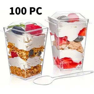 100 Pack 5oz Crystal Plastic Dessert Cups with Lids & Spoons - Disposable Square Parfait Cups for Mousse, Tiramisu, Pudding, Party & Catering